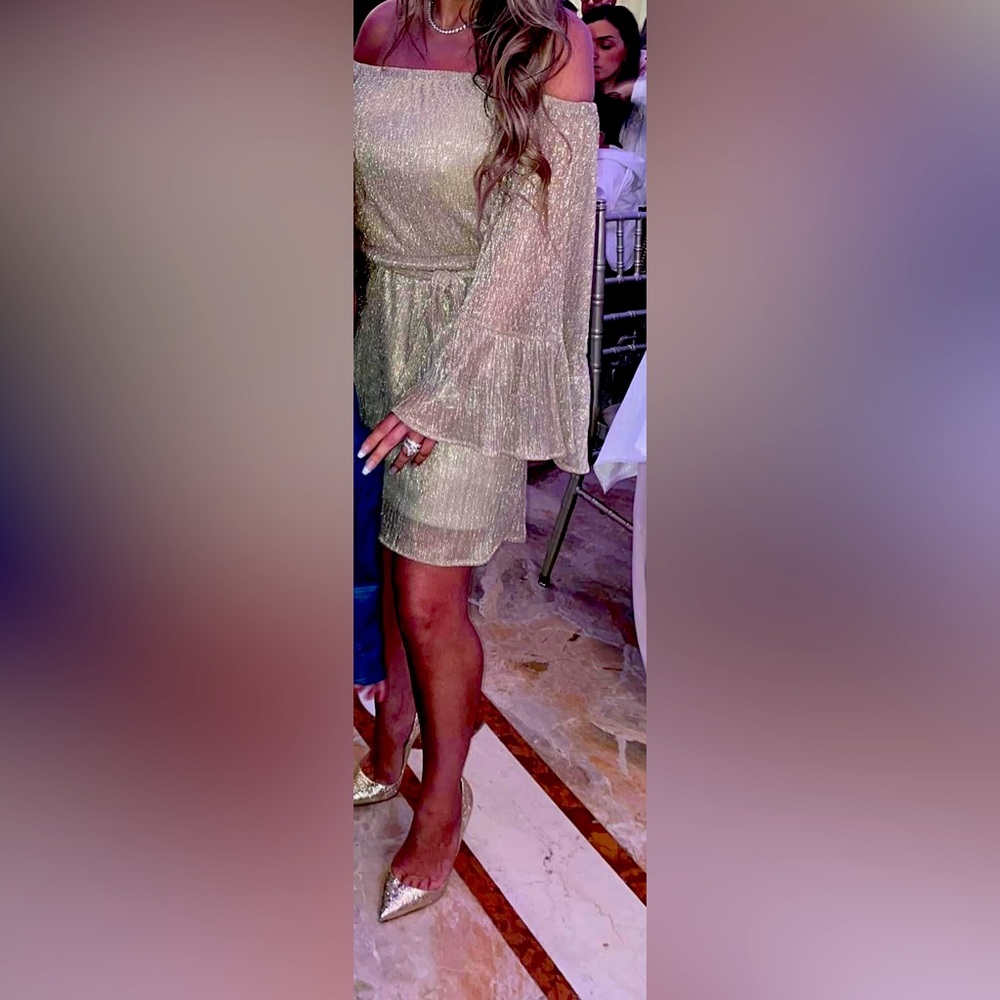 Gold metallic, off the shoulder, bell sleeve dress